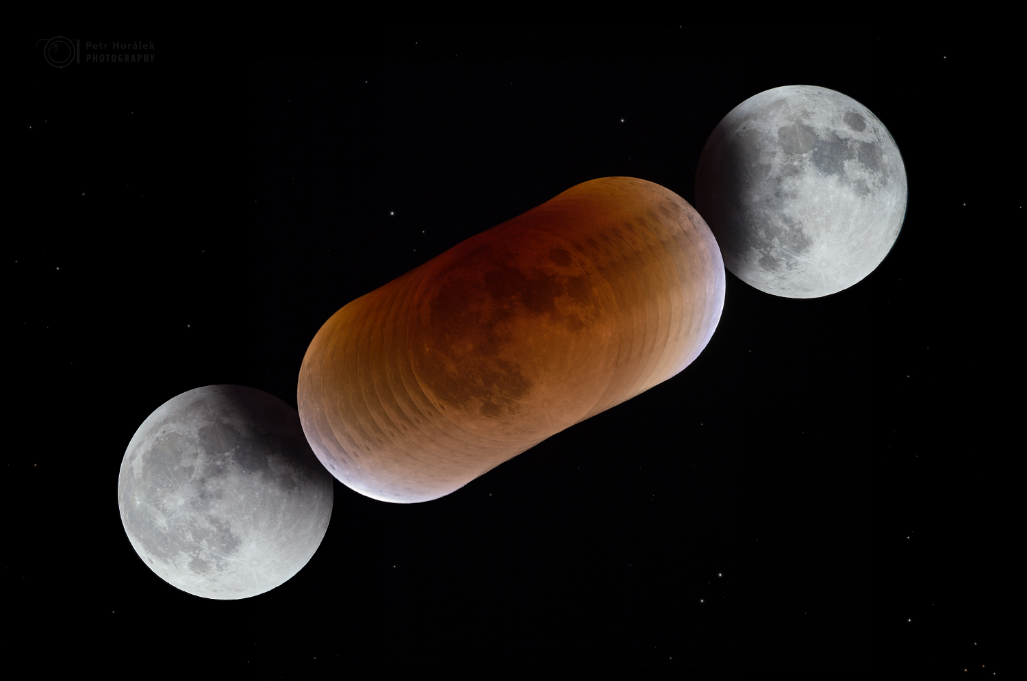 Průběh zatmění Měsíce a barvy v zemském stínu během úkazu 31. ledna 2018.Autor: Petr Horálek.
